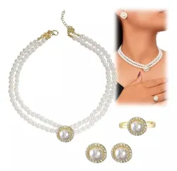 Women Elegant Pearl Double Layers Necklace Set